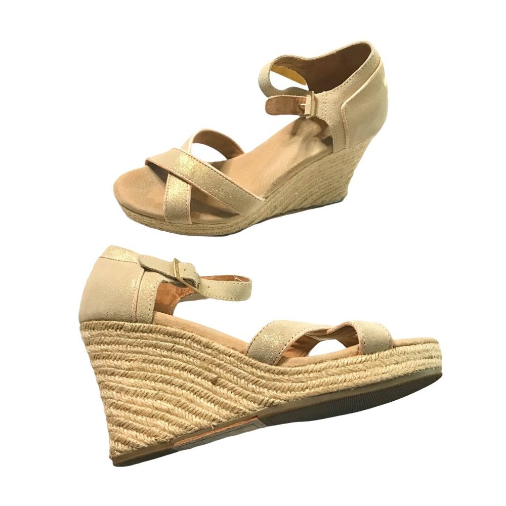 TOMS Shimmer Gold TAN ESPADRILLE HEEL Wedges